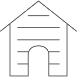 A dog house icon on a black background.